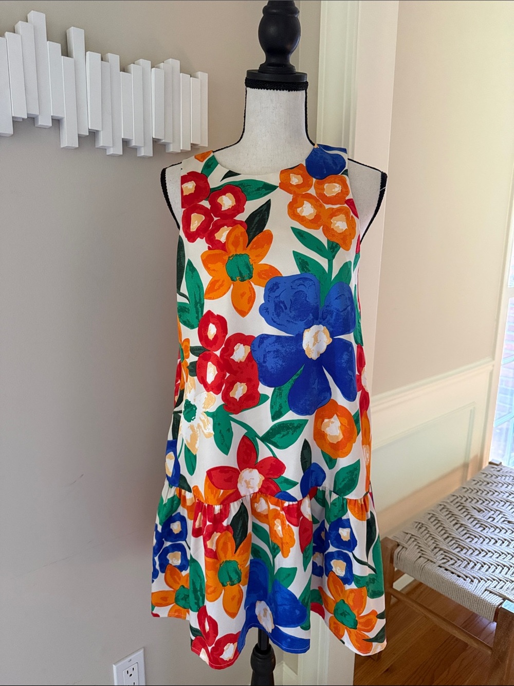 TCEC Bright Floral Drop Waist Mini Dress Sleeveless Lined Pockets Size S